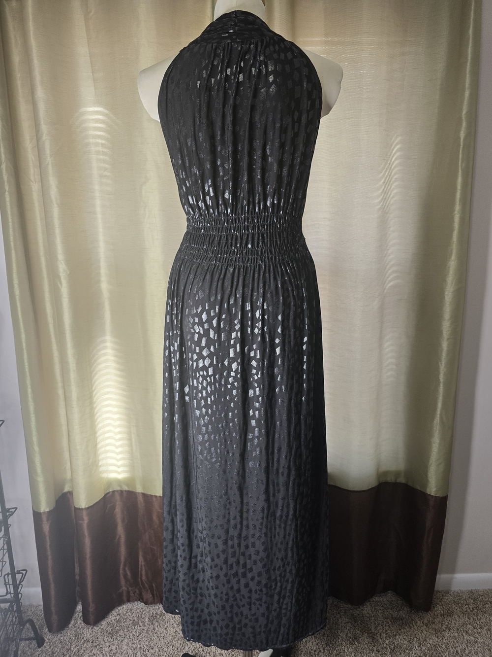 Sleeveless Black Metallic-Accent Maxi Dress with Smocked Waist - Picture 8 of 9